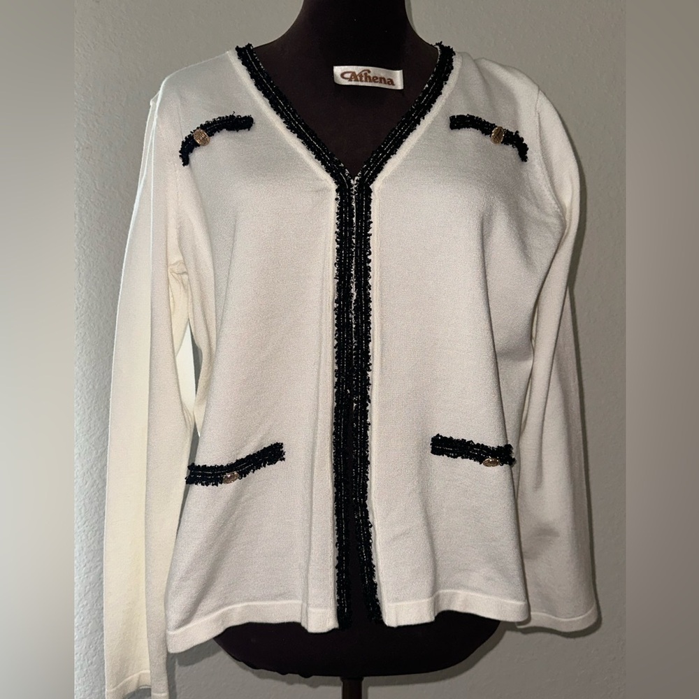 Adrianna Papell Cream Knit Cardigan with Black Trim